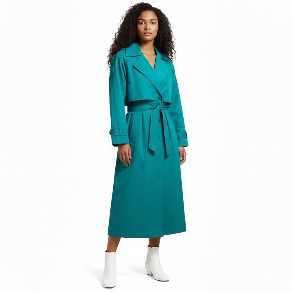 Vintage Cyclone Teal Green Womens Trench Coat Spring Travel Belted Boho M Fall